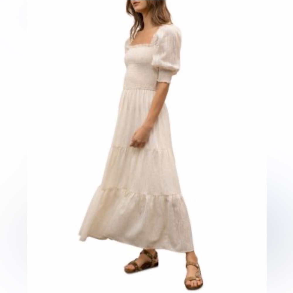 Moon River Tiered Smocked Neck Maxi Dress in Cream Size Small